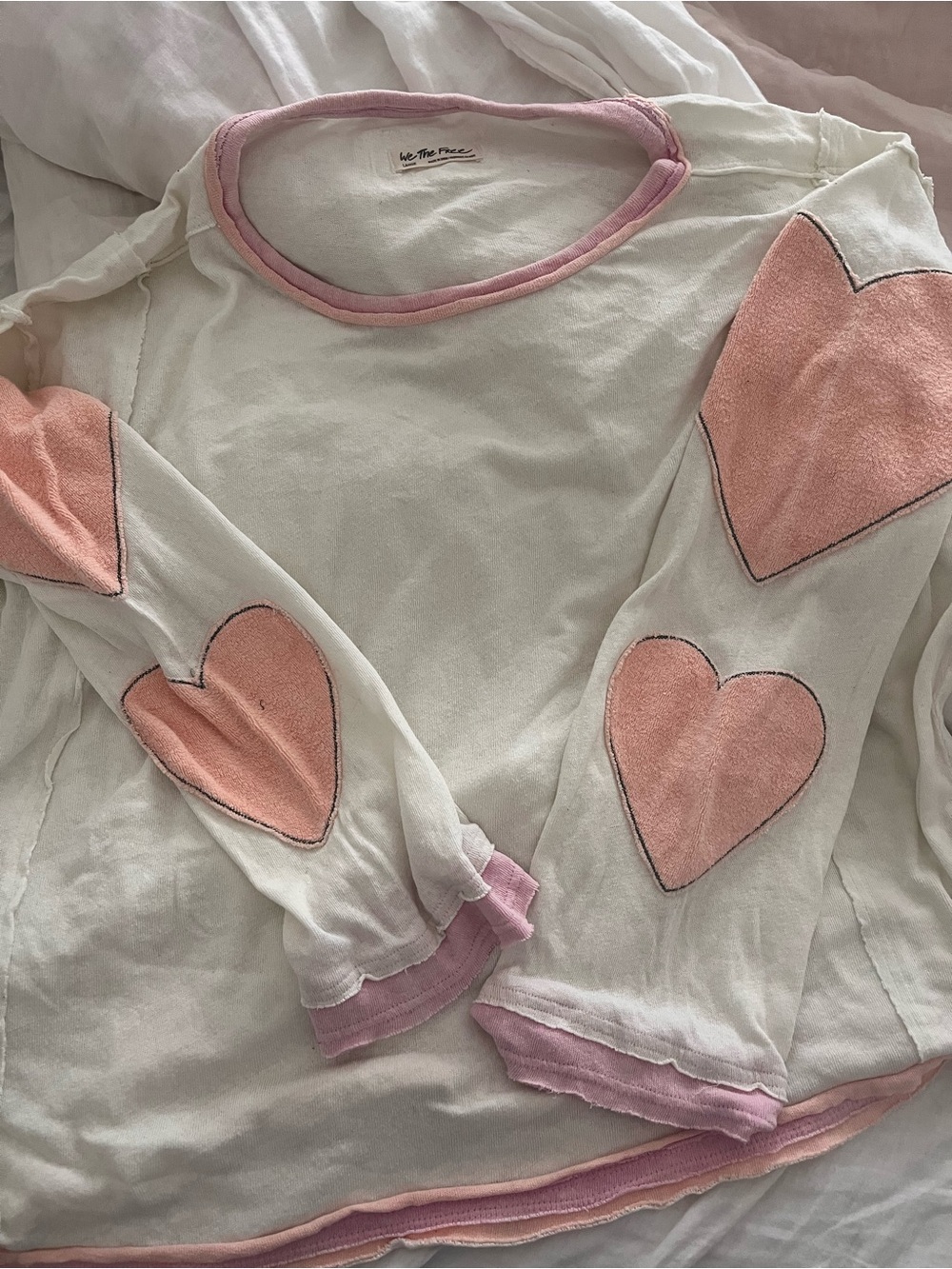 We The Free Cream Long-Sleeve Top with Pink Heart Sleeves